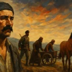 Nazım Hikmet Ran Biyografisi: Hayatı, Sanatı ve Eserleri Kuvâyi Milliye Destanı'nı simgeleyen yağlı boya tarzında bir sahne: Ön planda bıyıklı Anadolu köylüsü, arkada silahlı asker, yaşlı adam, kağnı çeken kadın ve yanında duran bir at, gün batımı altında ilerliyor."