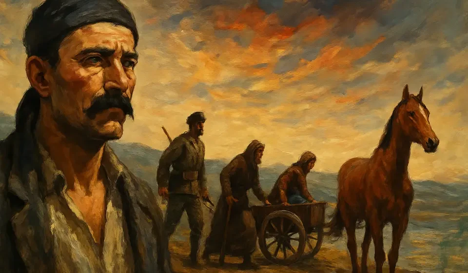 Kuvâyi Milliye Destanı Şiir Tahlili | Nazım Hikmet’in Epik Üslubu Kuvâyi Milliye Destanı'nı simgeleyen yağlı boya tarzında bir sahne: Ön planda bıyıklı Anadolu köylüsü, arkada silahlı asker, yaşlı adam, kağnı çeken kadın ve yanında duran bir at, gün batımı altında ilerliyor."