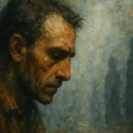 Ferit Edgü Biyografisi: Hayatı, Sanatı ve Eserleri Postmodern öyküde kimlik ve bellek sorunu temasıyla örtüşen bu görsel, bulanık yüzlü bir figürün zaman ve mekân algısını yitirdiği karanlık bir atmosferi yansıtır.