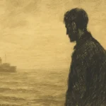 Bir Gemide Hikâye Çözümlemesi | Ferit Edgü’nün Varoluşsal Yolculuğu Sisli bir şehir siluetinin önünde, kalabalık içinde yalnız yürüyen bir figür. Türk edebiyatında yabancılaşma temasını ve bireyin içsel kopuşunu simgeler.