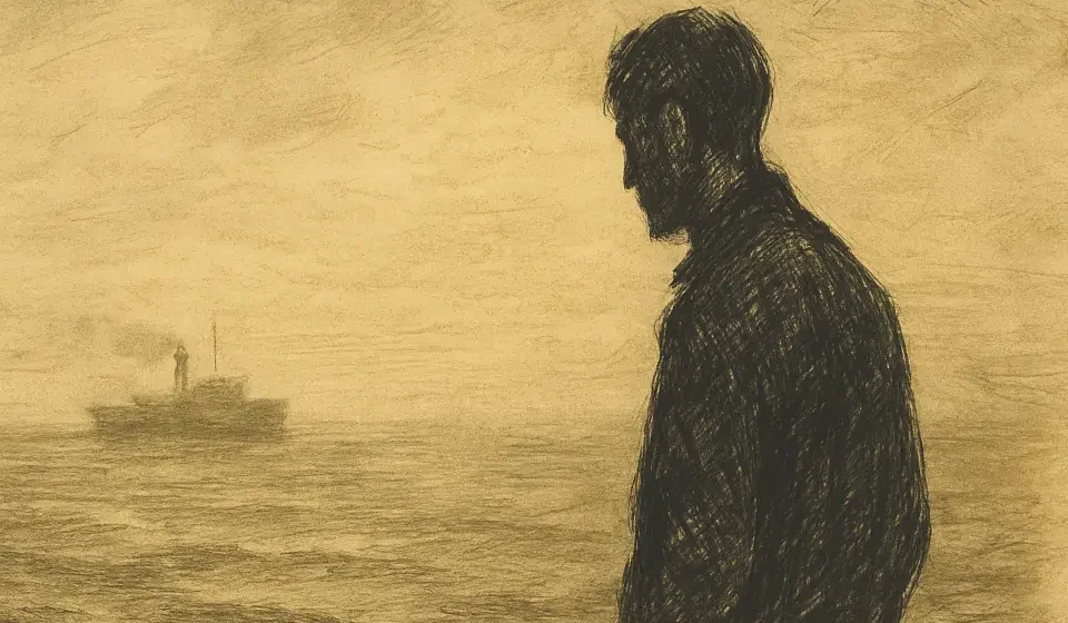 Yabancılaşma Teması ve Türk Edebiyatındaki Yansımaları | Bireyin Anlamsızlıkla Mücadelesi Sisli bir şehir siluetinin önünde, kalabalık içinde yalnız yürüyen bir figür. Türk edebiyatında yabancılaşma temasını ve bireyin içsel kopuşunu simgeler.