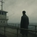 Sabahattin Ali Biyografisi: Hayatı, Sanatı ve Eserleri Sisli bir denizde eski bir geminin güvertesinde yalnız başına duran bir adam. Gri tonların hâkim olduğu sahne, Ferit Edgü’nün “Bir Gemide” hikâyesindeki yönsüzlük ve varoluşsal yalnızlık temasını yansıtır.