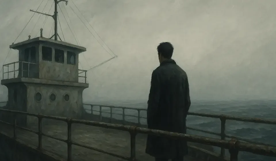 Bir Gemide Hikâye Çözümlemesi | Ferit Edgü’nün Varoluşsal Yolculuğu Sisli bir denizde eski bir geminin güvertesinde yalnız başına duran bir adam. Gri tonların hâkim olduğu sahne, Ferit Edgü’nün “Bir Gemide” hikâyesindeki yönsüzlük ve varoluşsal yalnızlık temasını yansıtır.