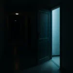 Kimlik ve Bellek Sorunu: Postmodern Öyküde Birey Modern Türk hikâyesinde mekânın anlamsal kullanımı temasıyla örtüşen bu görsel, loş bir koridorda belirsizliğe açılan bir kapı üzerinden karakterin ruhsal yönsüzlüğünü simgeler.