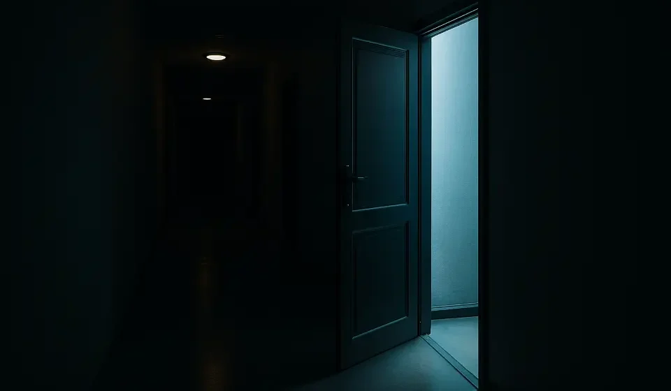 Mekânın Anlamsal Kullanımı: Modern Türk Hikâyesi Modern Türk hikâyesinde mekânın anlamsal kullanımı temasıyla örtüşen bu görsel, loş bir koridorda belirsizliğe açılan bir kapı üzerinden karakterin ruhsal yönsüzlüğünü simgeler.