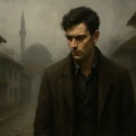 Kuyucaklı Yusuf karakterini yansıtan, eski Anadolu kasabasında yalnız yürüyen genç adamın betimlendiği dramatik atmosfer.