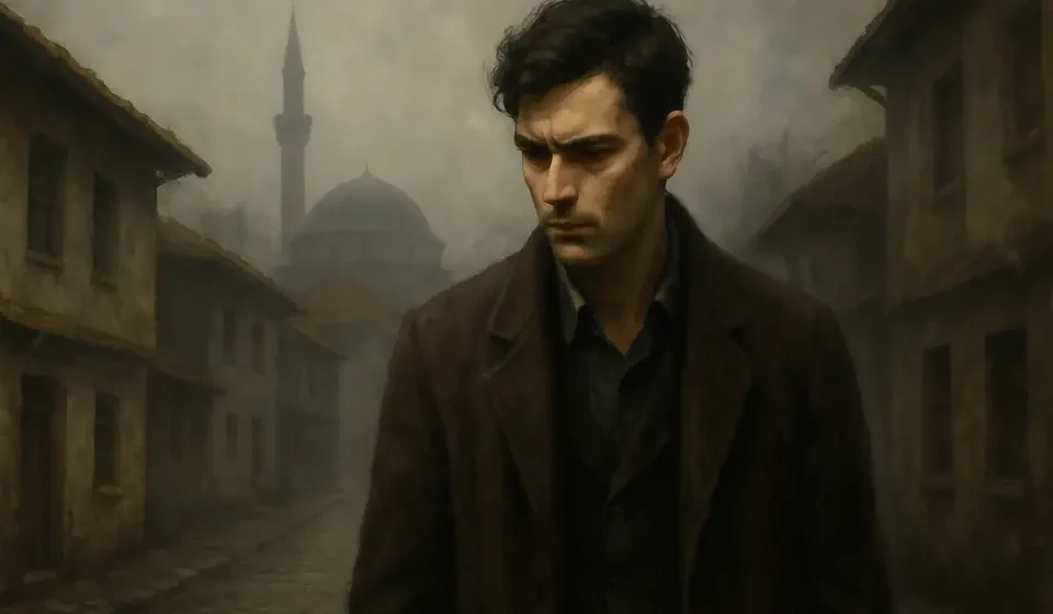 Yusuf Karakter Analizi – Kuyucaklı Yusuf Kuyucaklı Yusuf karakterini yansıtan, eski Anadolu kasabasında yalnız yürüyen genç adamın betimlendiği dramatik atmosfer.