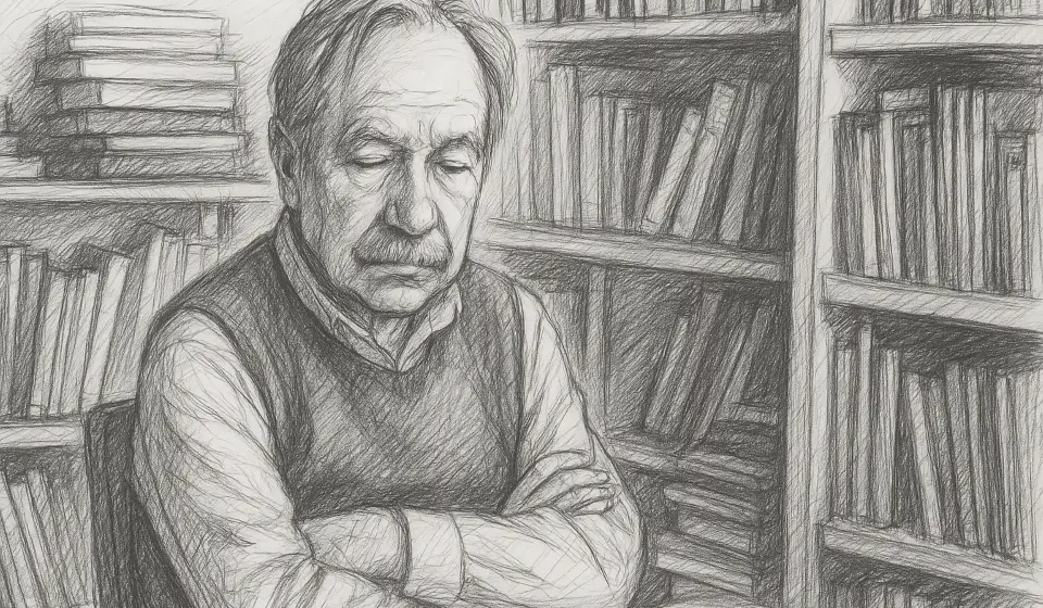 Ferit Edgü Biyografisi: Hayatı, Sanatı ve Eserleri Ferit Edgü’nün edebî kişiliğini yansıtan siyah-beyaz sketch tarzı bir illüstrasyon; kitaplarla çevrili bir odada oturan yalnız bir yazar figürü.