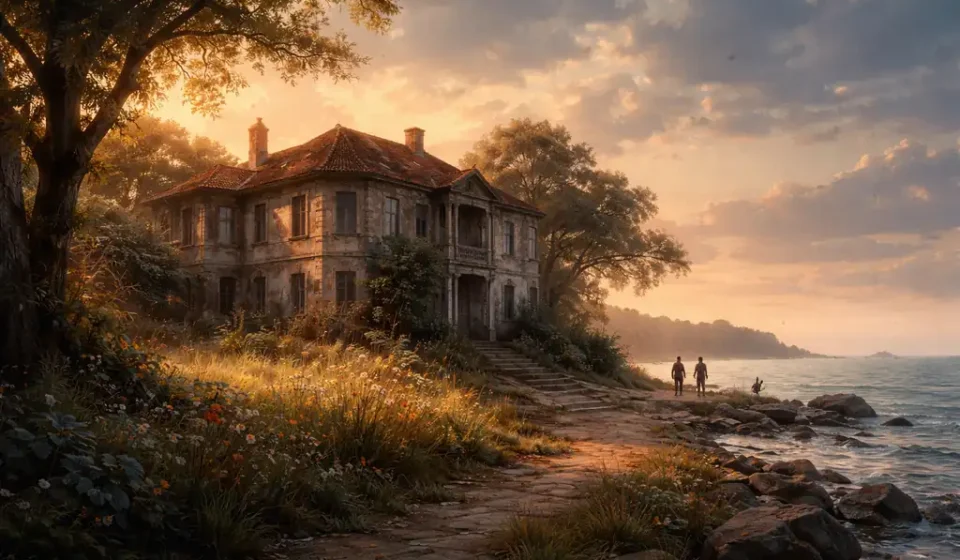 Sessiz Ev romanının atmosferini yansıtan, sahil kasabasında yer alan eski bir ev ve sakin deniz manzarası.