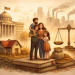 Ailenin, özel mülkiyetin ve devletin tarihsel kökenlerini simgeleyen soyut illüstrasyon