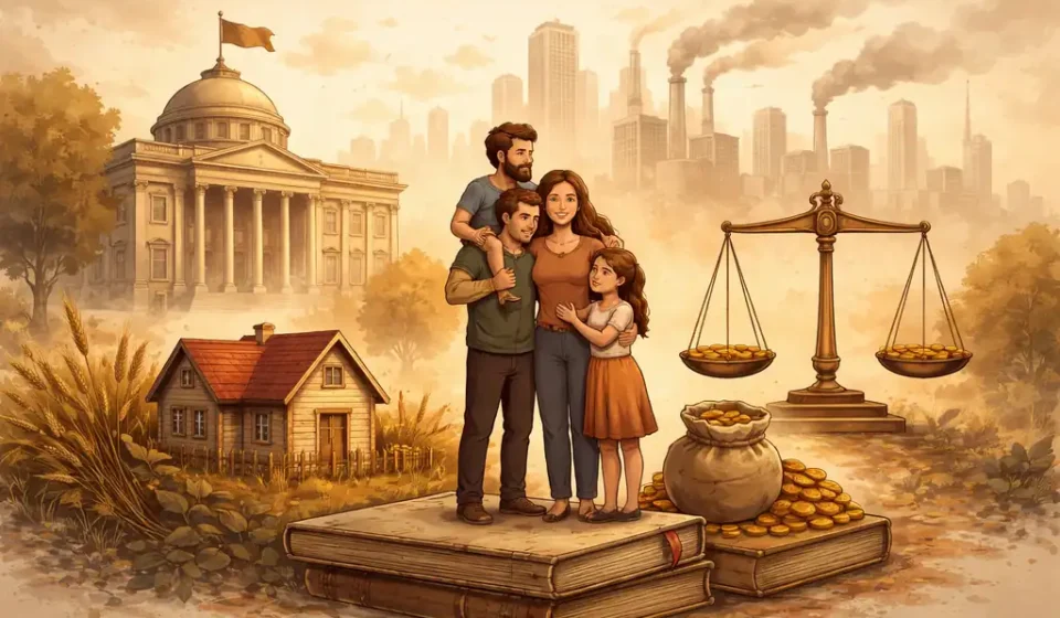 Ailenin Özel Mülkiyetin ve Devletin Kökeni | Friedrich Engels’in Tarihsel Çözümlemesi Ailenin, özel mülkiyetin ve devletin tarihsel kökenlerini simgeleyen soyut illüstrasyon