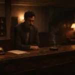 Anayurt Oteli romanını çağrıştıran loş bir otel resepsiyonunda, defterine eğilmiş yalnız bir adam ve eski masa lambaları