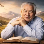 Cengiz Aytmatov’un portresi, arka planda Orta Asya doğasıyla birlikte yazarın düşünceli ve sade anlatı dünyasını yansıtan görsel