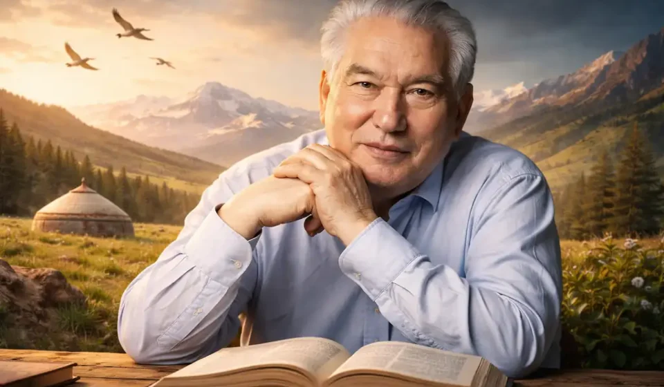 Cengiz Aytmatov’un portresi, arka planda Orta Asya doğasıyla birlikte yazarın düşünceli ve sade anlatı dünyasını yansıtan görsel