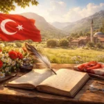 Cumhuriyet Dönemi Türk şiirini simgeleyen, Anadolu manzarası önünde şiir defteri ve kültürel unsurlar