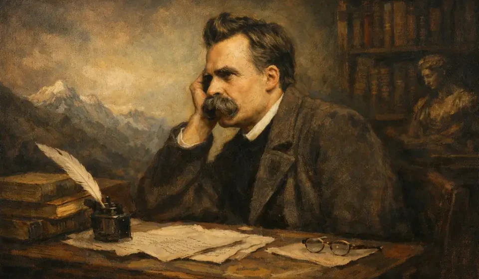 Friedrich Wilhelm Nietzsche: Hayatı, Eserleri ve Modern Düşünceye Etkisi Friedrich Wilhelm Nietzsche portresi, düşünceli bir anlatımla betimlenen yazı temalı görsel