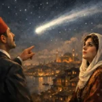 Kuyruklu Yıldız Altında Bir İzdivaç romanını simgeleyen kuyruklu yıldız ve İstanbul manzarası