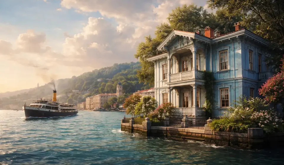 Halit Ziya’nın Mavi Yalı hikâyesini simgeleyen Boğaz’daki mavi yalı ve vapur manzarası