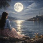 Ay ışığında deniz kıyısında oturan bir kadın ve uzakta silüet hâlinde görünen cami manzarası Nazar Şiiri Temsili