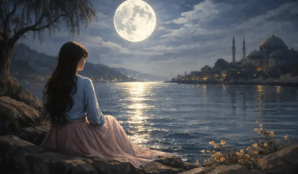 Ay ışığında deniz kıyısında oturan bir kadın ve uzakta silüet hâlinde görünen cami manzarası Nazar Şiiri Temsili