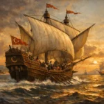 Osmanlı dönemine ait geleneksel denizcilik sahnesini betimleyen tarihi gemi ve deniz manzarası