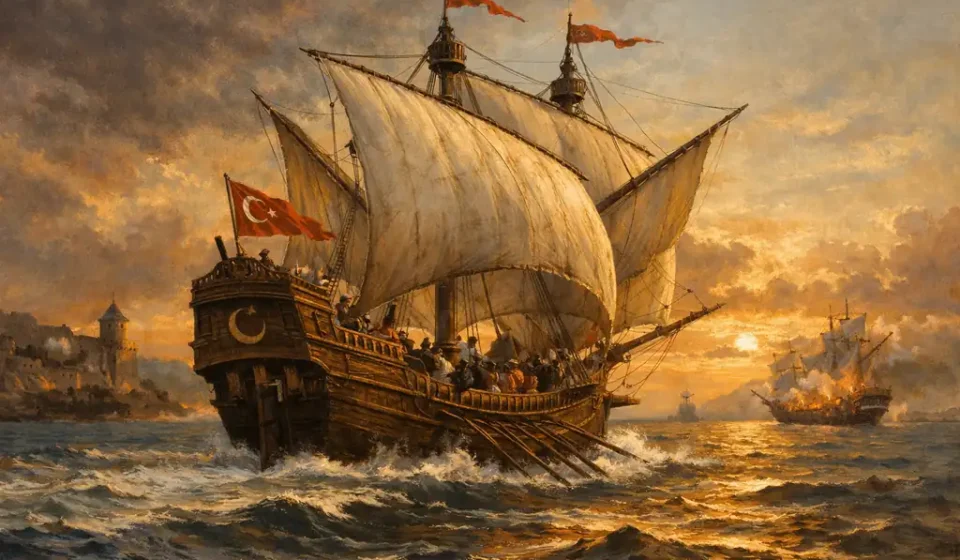 Venedikli Korsan Kızı – Enis Behiç Koryürek | Şiir İncelemesi Osmanlı dönemine ait geleneksel denizcilik sahnesini betimleyen tarihi gemi ve deniz manzarası