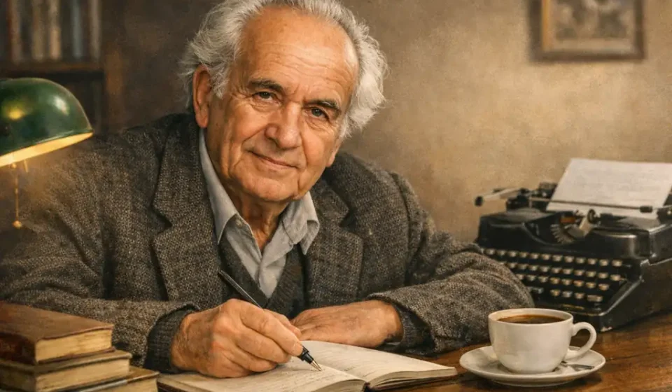 Rıfat Ilgaz çalışma masasında yazı yazarken, sade ve doğal bir ortamda portre