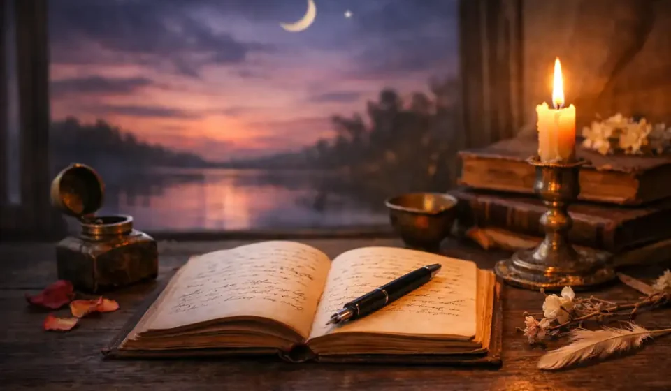 Saf şiir anlayışını simgeleyen defter, dolma kalem ve loş atmosferde estetik şiir sahnesi