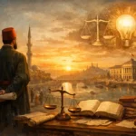 Şinasi’nin kasidesinde akıl, adalet ve kanun fikrini simgeleyen Tanzimat dönemi temalı özgün illüstrasyon