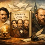 Stefan Zweig’in Üç Büyük Usta kitabı için Balzac, Dickens ve Dostoyevski portrelerini içeren yazısız kapak görseli