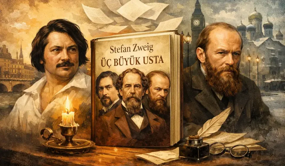 Stefan Zweig’in Üç Büyük Usta kitabı için Balzac, Dickens ve Dostoyevski portrelerini içeren yazısız kapak görseli