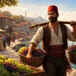 Büyükada sahilinde sepetleriyle üzüm satan bir üzümcü figürü, Türk hikâyesinde birey ve millet ilişkisini simgeleyen sahne