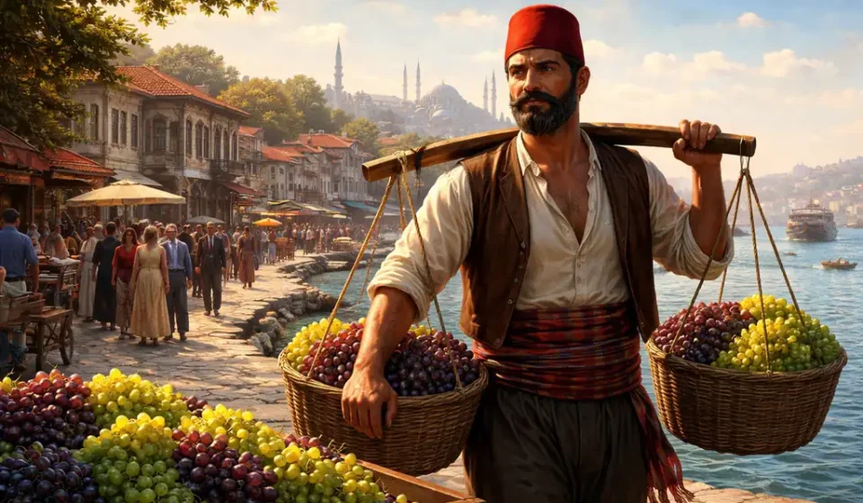 Büyükada sahilinde sepetleriyle üzüm satan bir üzümcü figürü, Türk hikâyesinde birey ve millet ilişkisini simgeleyen sahne