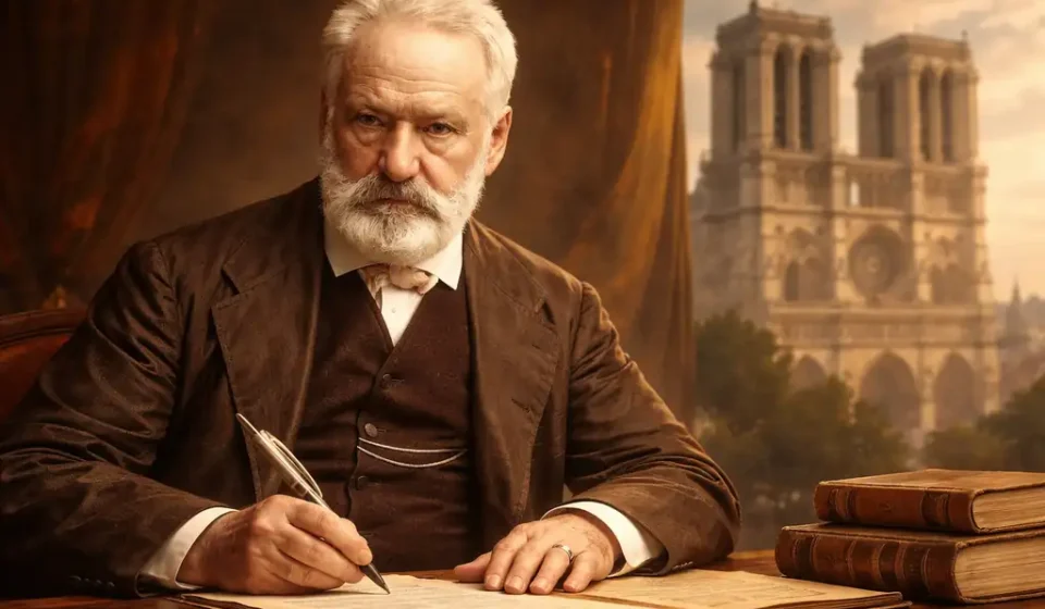 Victor Hugo Kimdir? Hayatı, Eserleri ve Edebiyattaki Yeri Victor Hugo’nun yazı masasında, arka planda Notre-Dame Katedrali ile betimlenen portresi