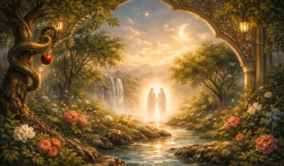 Âdem’le Havva Hikâyesi Tahlili Âdem ile Havva'nın kıssasını temsil eden, figürsüz, İslami sembollerle oluşturulmuş mistik doğa motifi