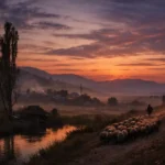 Anadolu kırsalında akşam saatlerinde sürülerin bayırdan inişi ve gün batımı manzarası