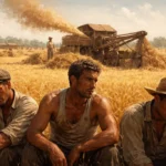 Çukurova’da patoz çevresinde çalışan tarım işçileri; Orhan Kemal’in Bereketli Topraklar Üzerinde romanındaki emek ve yoksulluk temasını yansıtan sahne.