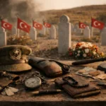 Bir Şehit Mezadı hikâyesini temsil eden, Türk Müslüman şehitliğinde sade mezar taşları ve şehide ait eşyalar