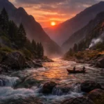 Çoruh Nehri çevresinde akşam saatlerinde haşin doğa ve dağlar arasında akan nehir manzarası