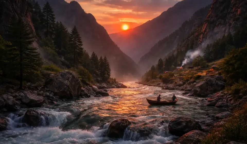 Çoruh Nehri çevresinde akşam saatlerinde haşin doğa ve dağlar arasında akan nehir manzarası