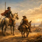 Don Kişot ve Sancho Panza’nın hayal ile gerçek arasındaki yolculuğunu simgeleyen özgün ve yazısız illüstrasyon.