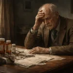 Fahri Celâl Göktulga’nın Evham hikâyesindeki yaşlılık, fakirlik ve sürekli kaygı hâlini simgeleyen özgün illüstratif sahne.