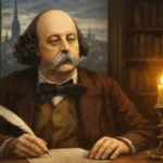 Gustave Flaubert çalışma masasında yazı yazarken tasvir edilen yazısız portre illüstrasyonu