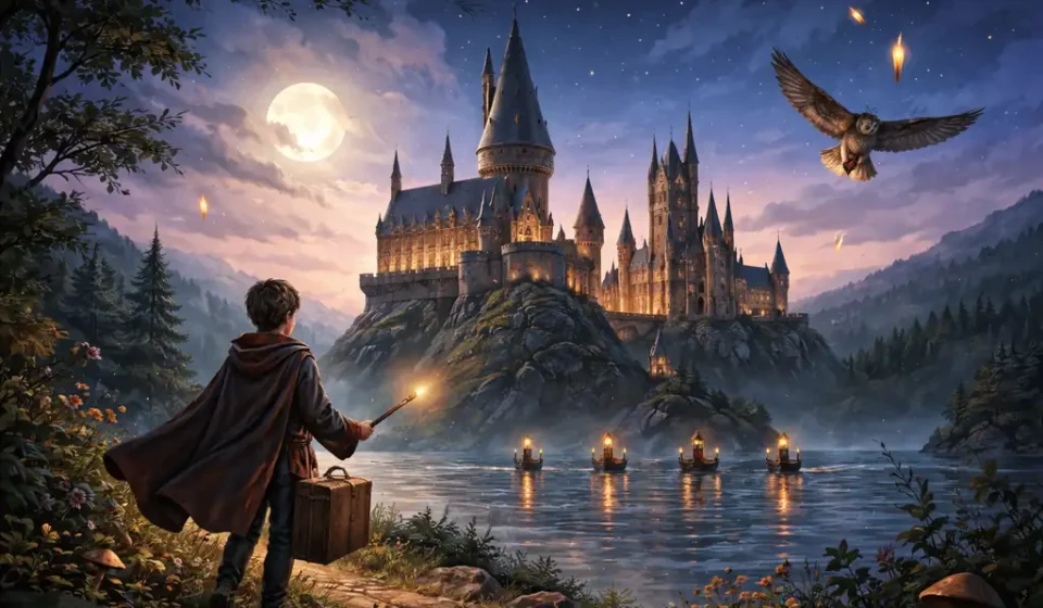 Harry Potter ve Felsefe Taşı | Roman İncelemesi, Tema ve Anlatım Yapısı Harry Potter ve Felsefe Taşı romanı için Hogwarts temalı özgün illüstrasyon