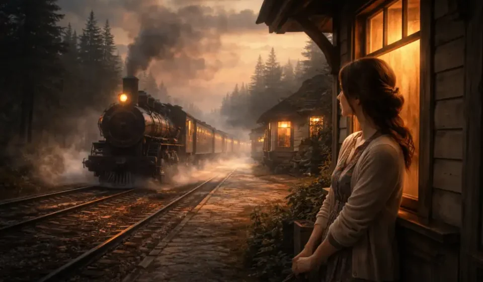 Hayat Böyledir İşte – Tarık Buğra | Duygu, Hayal ve Kader Arasında Bir Hikâye Küçük bir tren istasyonunda, akşam ışığı altında pencereden uzaklaşan trene bakan genç bir kadın; yalnızlık, hayal ve kader duygusunu çağrıştıran sessiz bir an.