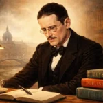 James Joyce çalışma masasında yazı yazarken, Dublin arka planlı renkli portre