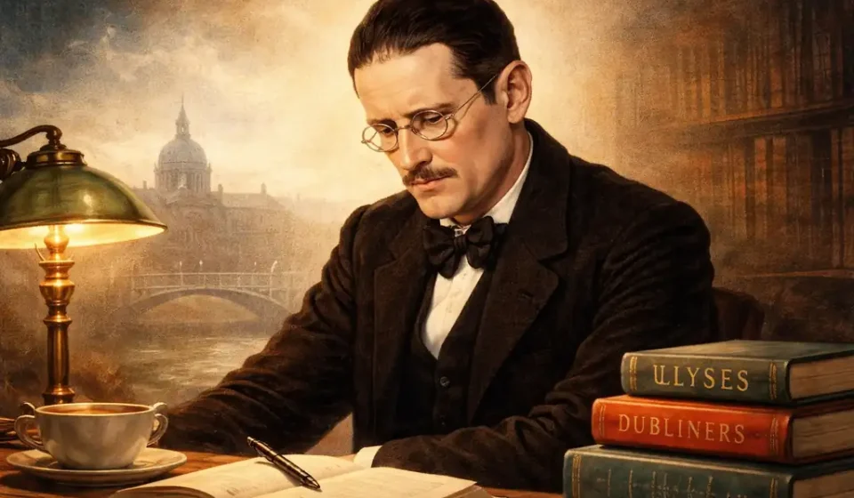 James Joyce Kimdir? Hayatı, Edebi Anlayışı ve Eserleri James Joyce çalışma masasında yazı yazarken, Dublin arka planlı renkli portre