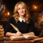 J. K. Rowling portresi, yazarlık ve fantastik edebiyat temalı çalışma ortamında