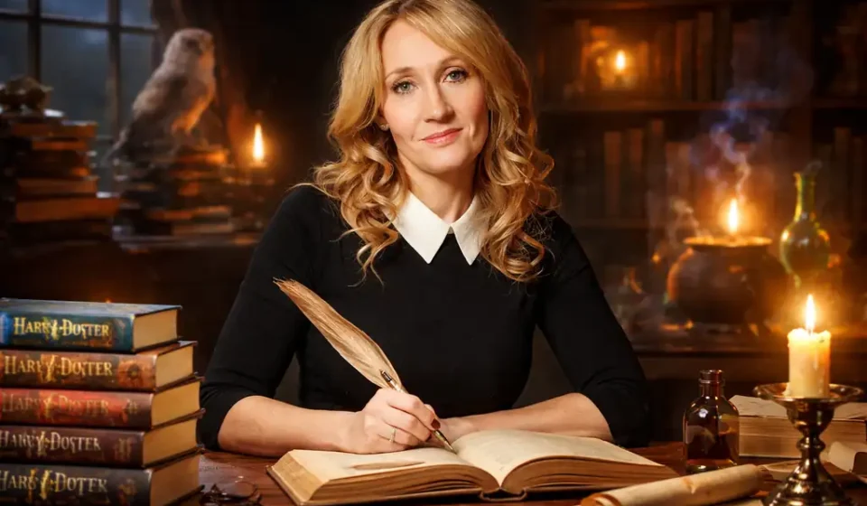 J. K. Rowling Kimdir? Eserleri, Harry Potter Evreni ve Yazarlığı J. K. Rowling portresi, yazarlık ve fantastik edebiyat temalı çalışma ortamında