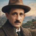 Refik Halit Karay’ın renkli, yazısız ve yatay portresi; arka planda İstanbul ve Anadolu izleriyle edebî atmosfer